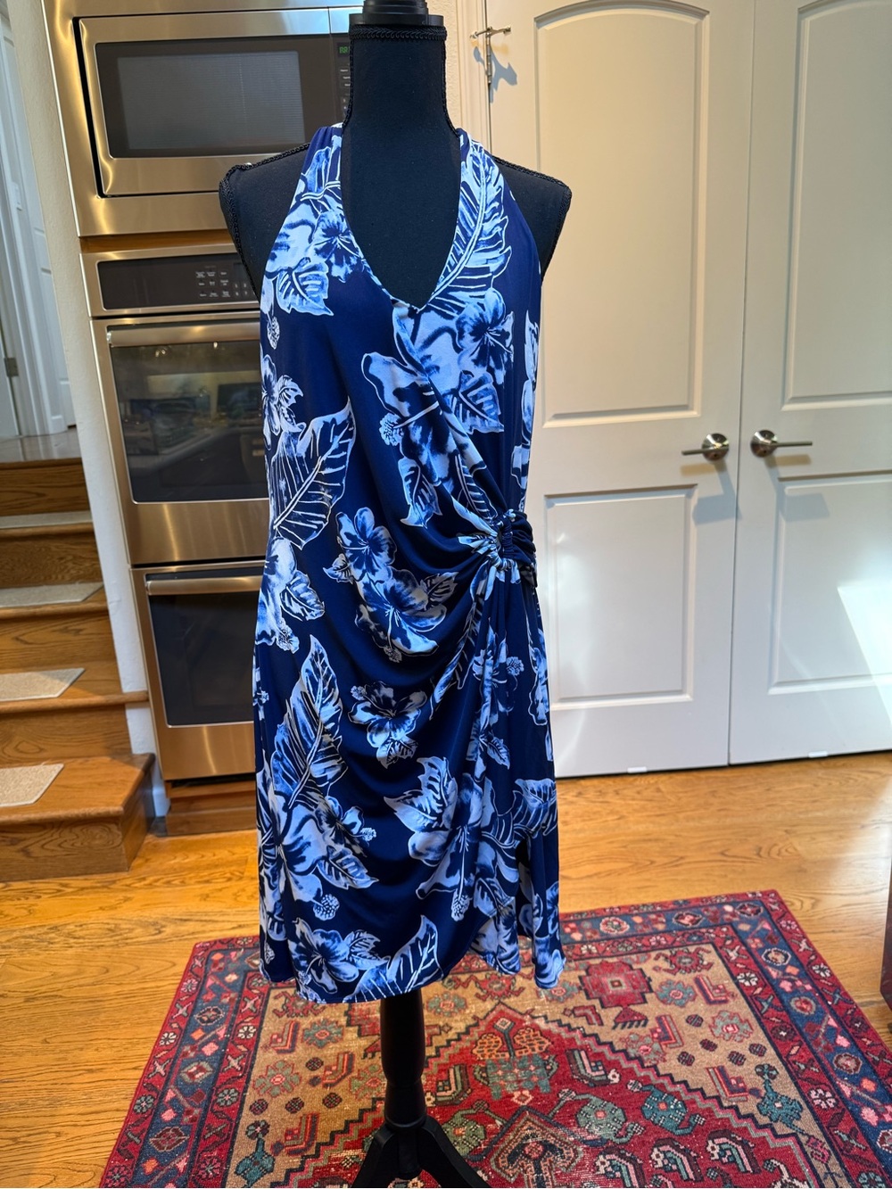 Tommy Bahama Navy and White Floral Halter Midi Dress with Side Knot